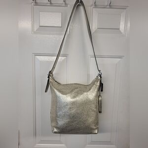 COACH Metallic Silver Leather Crossbody Medium Tote Satchel EUC